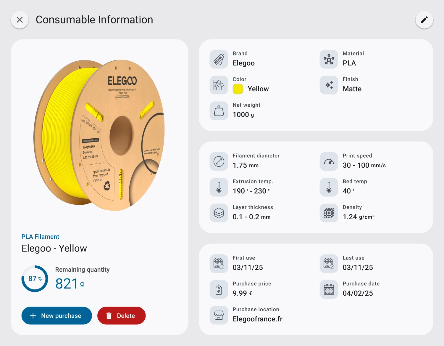 Detailed consumables illustration: tailored information for each material