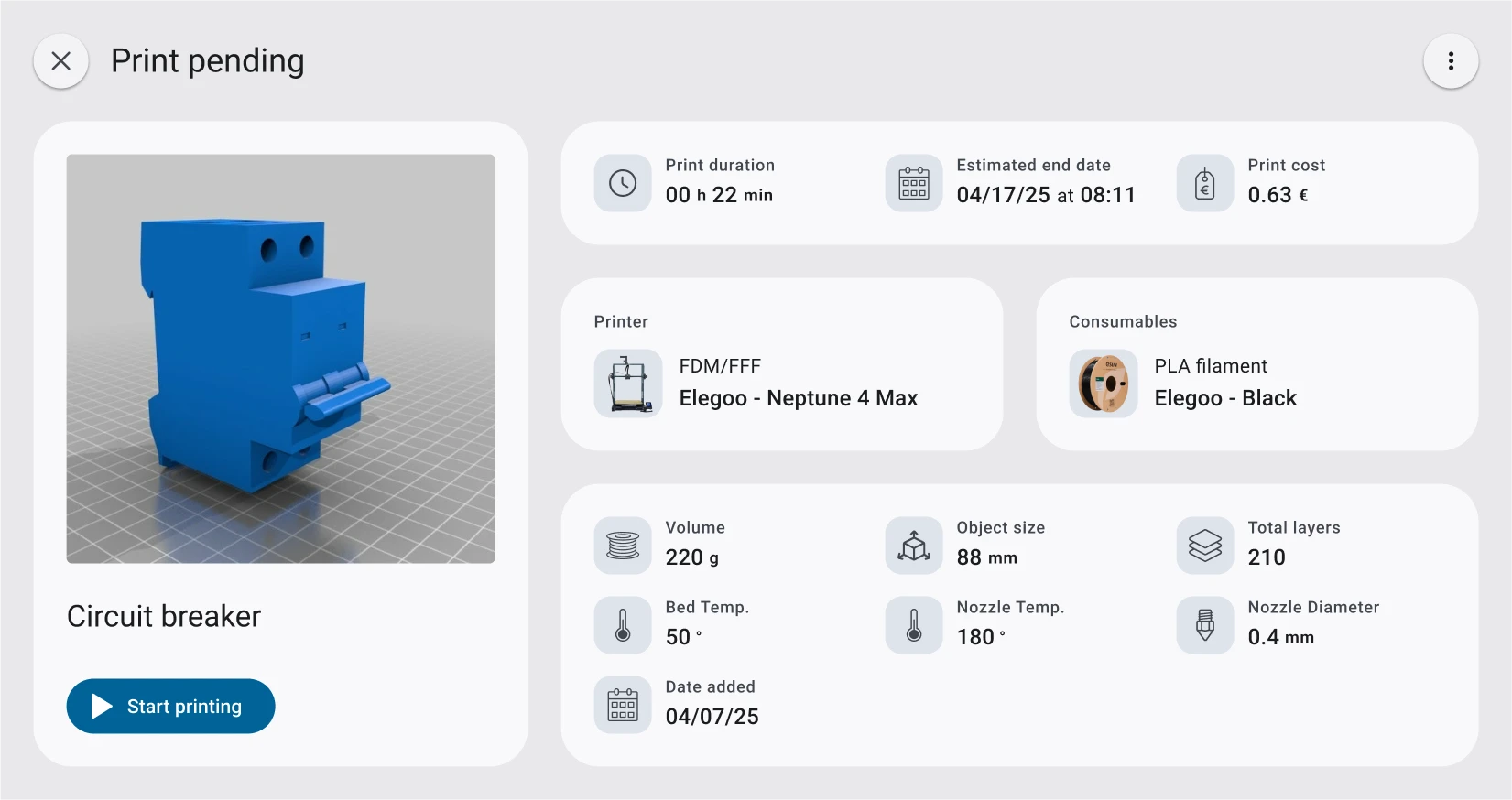 Illustration: a 3D preview of the model, key estimates (duration, cost, required consumable)